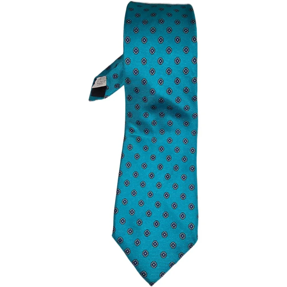 Roberto Capucci Silk Tie Teal Blue Geometric Foulard Hand Printed England USA